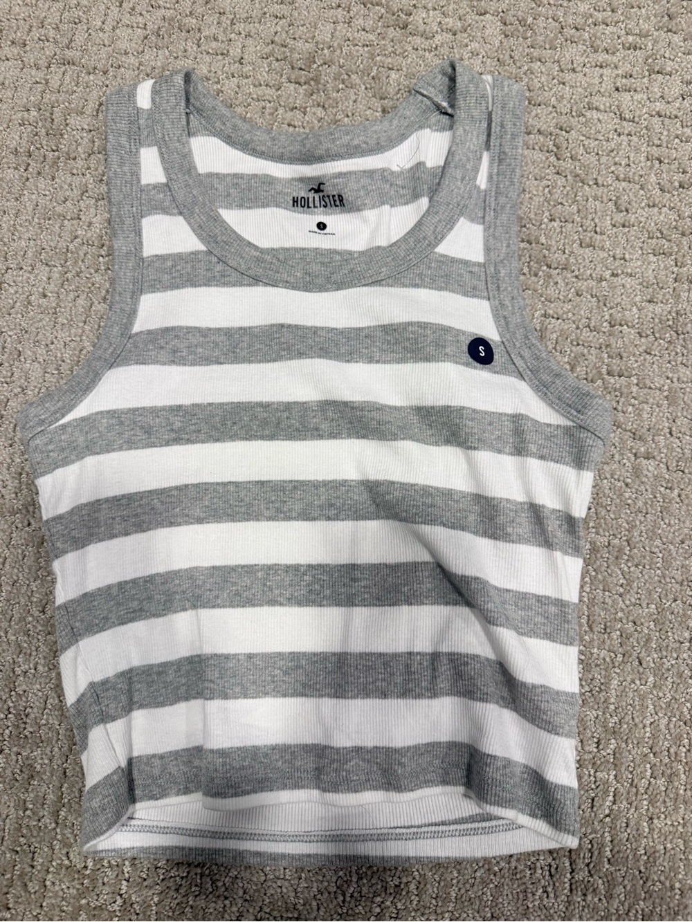 Hollister White and Gray Striped Ribbed Crop Tank